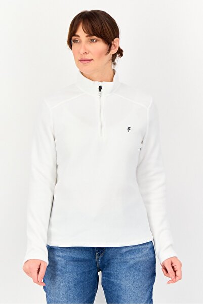 DeFacto Women Mock Neck Long Sleeve Embroidered Logo Sweatshirt, White