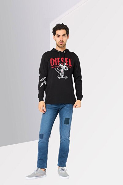 Diesel Men Drawstring Brand Logo Long Sleeve Hoodie, Black