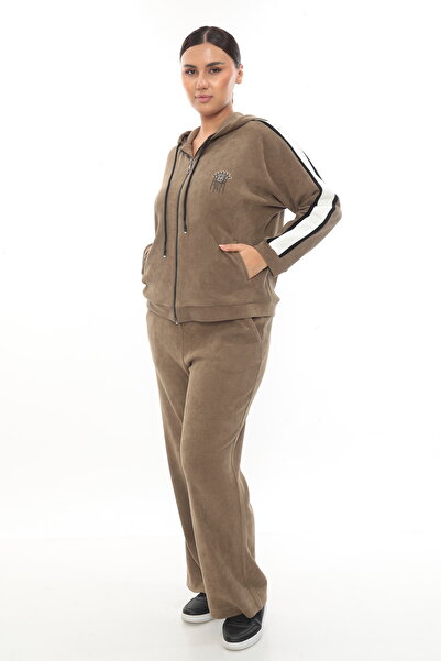 EXİTLİNE Women's Winter Special Embroidered Zippered Hooded Stone Tan Velvet Tracksuit Set