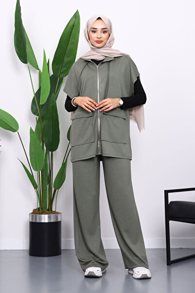 İmajButik Χακί Σετ Παντελόνι με Φερμουάρ και Διπλή Τσέπη Modal