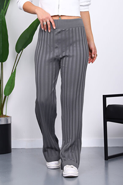 İmajButik Smoked High Waist Corded Fabric Wide Leg Knitwear Trousers