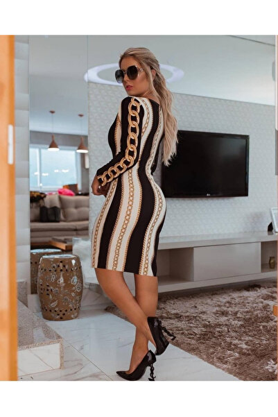 MİO Turega Style Women's Long Sleeve Crew Neck Scuba Midi Length Dress