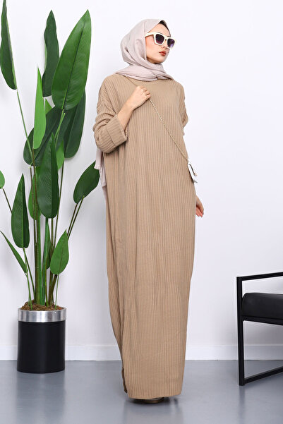 İmajButik Beige Crew Neck Side Slit Knitwear Dress