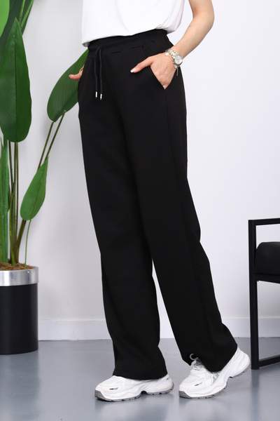 İmajButik Μαύρο ελαστικό πάτο με δύο κλωστές Palazzo αθλητικό παντελόνι