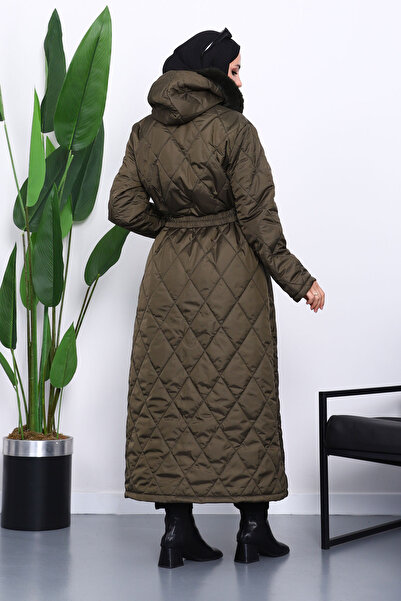 İmajButik Khaki Hooded Quilted Long Puffer Jacket