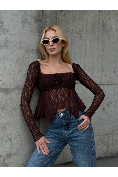 cemo Ecru Peplum Hem Ruffled Guipure Blouse Long Sleeve Tie Detail Square Neck Stylish Blouse