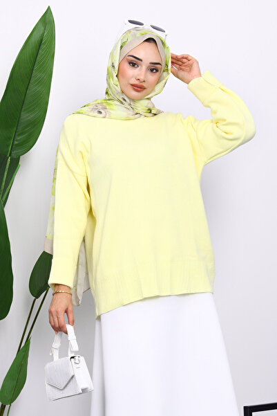 İmajButik Yellow Crew Neck Soft Textured Oversized Knitwear Sweater