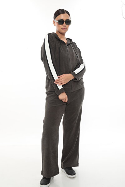 EXİTLİNE Women's Winter Special Embroidered Zippered Hooded Stone Khaki Velvet Tracksuit Set