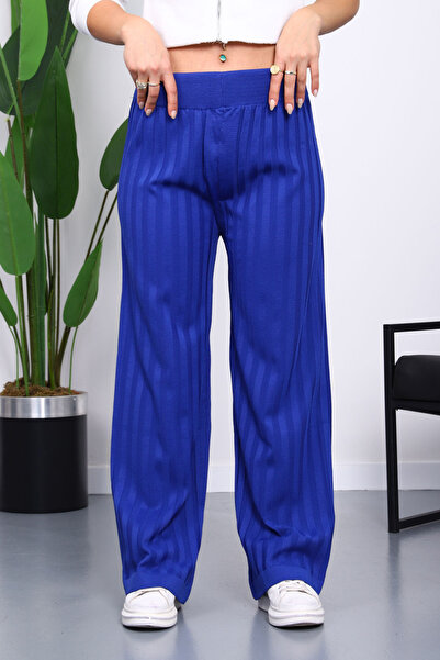 İmajButik Cobalt Blue High Waist Corded Fabric Wide Leg Knitwear Pants
