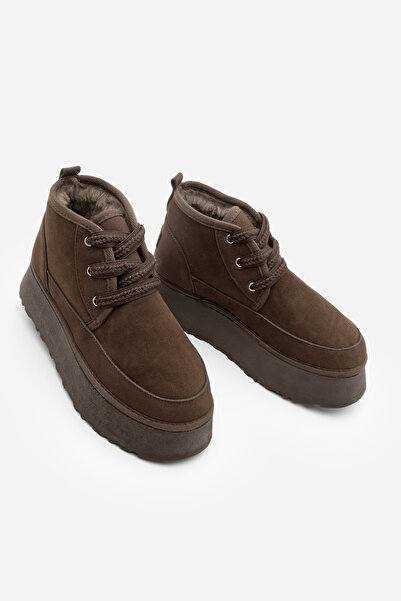 Marjin Γυναικείες μπότες με χοντρή σόλα με γούνα εσωτερικά, καθημερινές μπότες Mariva καφέ σουέντ