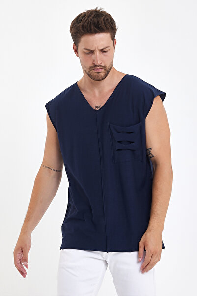 rammers V-Neck Dirty Cut Detailed Pocketed Zero Sleeve T-Shirt Comfortable Cut