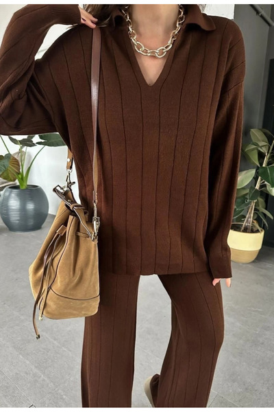 burcu tekstil Double Knitwear Suit Brown