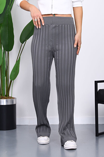 İmajButik Smoked High Waist Corded Fabric Wide Leg Knitwear Trousers