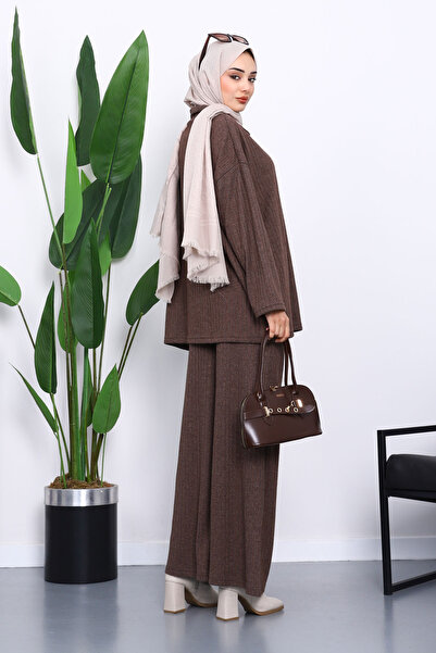 İmajButik Brown Ribbed Knit Tunic Trouser Suit