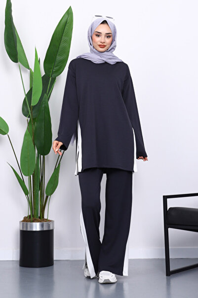 İmajButik Anthracite Color Block Modal Tunic Trouser Suit