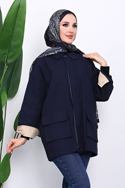 İmajButik Navy Blue Pocket Detailed Zippered Gabardine Jacket