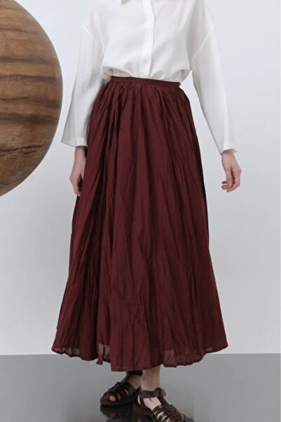 Butik Women's High Waist Back Zipper Wrinkled Wide Cut Vural Skirt