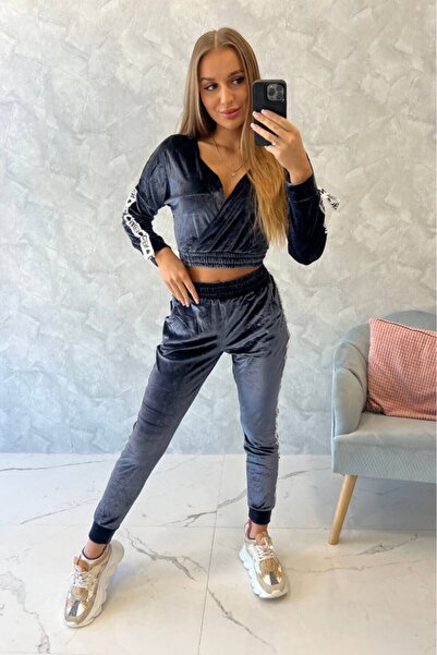 embody Trening de damă din velur, cu mânecă lungă și pantaloni, cu bandă laterală Queen, albastru, mărimea S/M