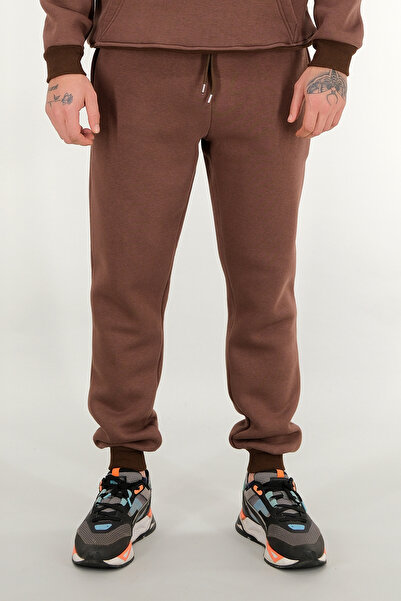 Souris Ανδρικό καφέ άνετο παντελόνι φούτερ 3 κλωστών επένδυση fleece χοντρό ύφασμα