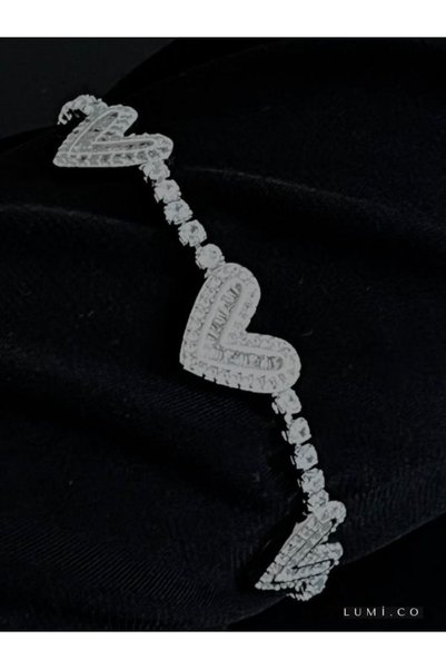LUMİCOTAKI Tarnish Resistant Steel Stone Silver 3 Heart Row Waterway Silver Bracelet-With Gift Box