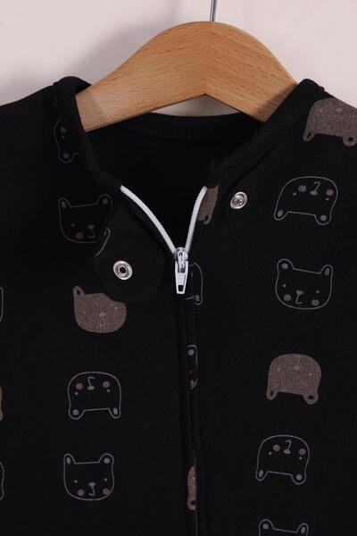 kidello Brown Cat Zippered Boys' Jumpsuit Combed Cotton 100% Cotton Newborn Set of 3 Sleep Suits 3 Months 6 Months 9 Months