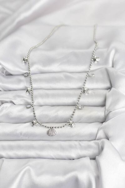 BSRE Brass Zircon Stone Sea Shell Women's Necklace (Silver Color)