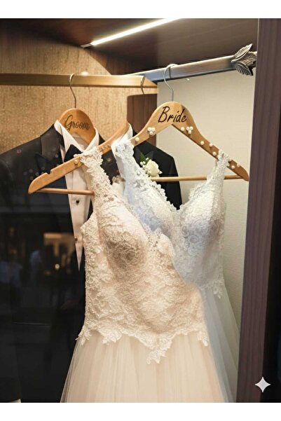 CananBozkurt Bride -Groom Ahşap Askılık Seti, Süslemeli Gelin Damat Askılığı