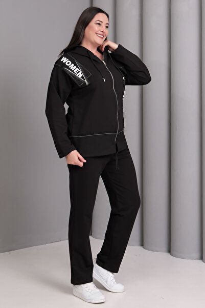 Şans Women's Plus Size Black, Print Detailed Hooded Tracksuit Set