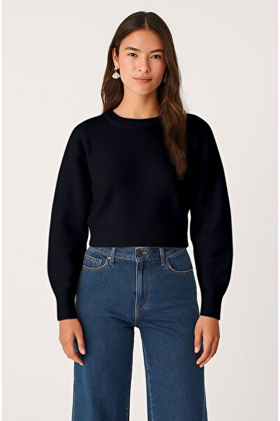 Ltb Long Sleeve Crew Neck Basic Crop Navy Blue Sweater