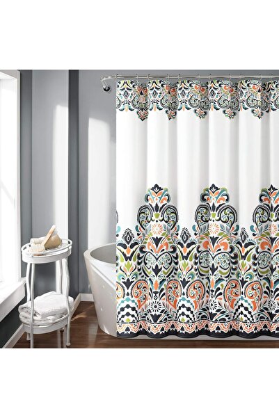 Lush Decor Clara Shower Curtain - Colorful Boho Paisley Fabric, 72 x 72 cm, Navy and Tangerine