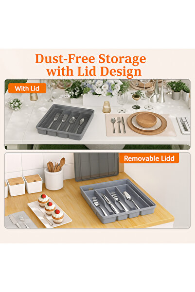 OEM Lifewit Cutlery Organizer, 36.6 x 28.8 x 4.5 cm, 7 Compartments, Lid, Plastic, Gray