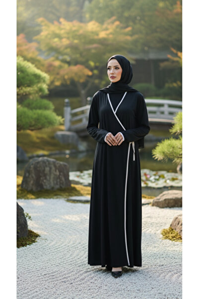 ISTANBUL STYLES Stylish Prayer Dress Made of Jersey Fabric with Black Double-Breasted Collar and Piping Details.