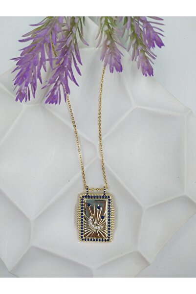 Yaseminli Butik Gold Plate Necklace with Blue Stone Moon Detail
