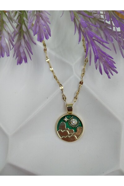 Yaseminli Butik Green Enamel Sky Themed Gold Steel Necklace