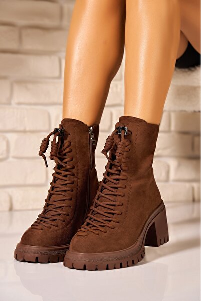 Joana Γυναικεία Καφέ Σουέτ Μπότες Zhavia με Τακούνι 7cm