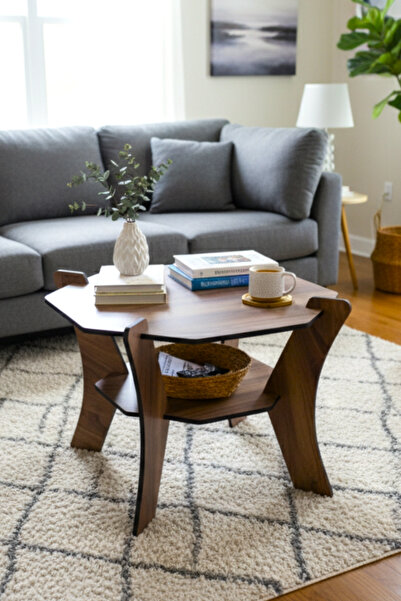 Yaman Hediyelik Ahşap Orta Sehpa İki Katlı Altıgen Tasarım | Ergonomik ve Kol...