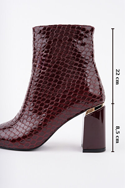 Women Lay-z Women's Heeled Boots Burgundy Snake Pattern Patent Leather 8.5 cm Thick Heel Stylish Modern Elegant Design
