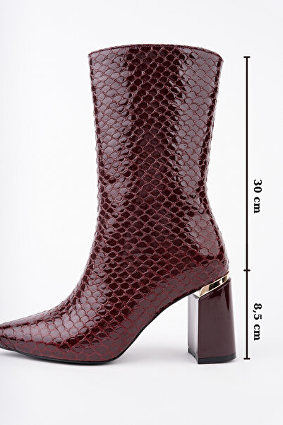 Women Lay-z Women's Brown Snake Pattern Patent Leather Heeled Boots 8.5 cm Thick Heel Stylish and Modern Design