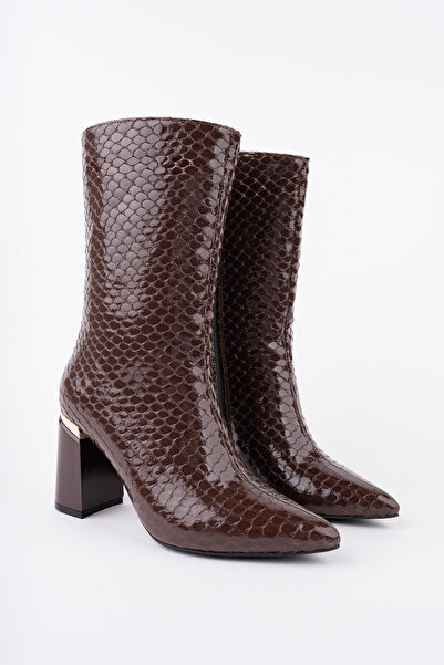 Women Lay-z Women's Brown Snake Pattern Patent Leather Heeled Boots 8.5 cm Th...