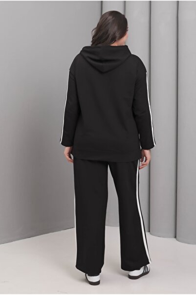 Şans Women's Plus Size Black, Striped Detail , Hooded Tracksuit Set 65N39228
