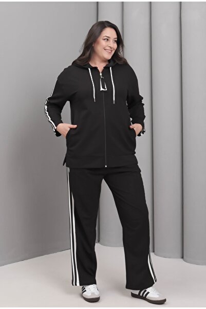 Şans Women's Plus Size Black, Striped Detail , Hooded Tracksuit Set 65N39228