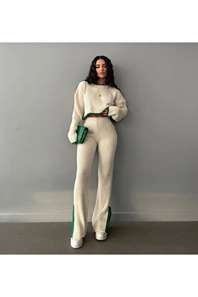 Sempre Women's Striped Slit Detailed Knitwear Set