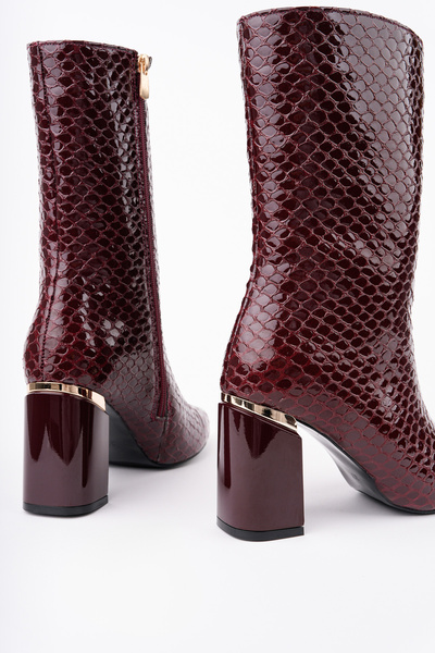 Women Lay-z Women's Brown Snake Pattern Patent Leather Heeled Boots 8.5 cm Thick Heel Stylish and Modern Design