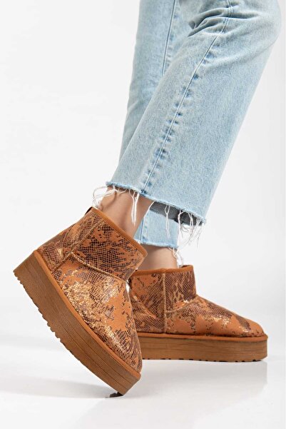OLA Mini Taba Süet İçi Kürklü Kalın Taban Yılan Derisi Desenli Kadın Bot