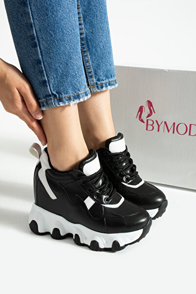 Bymoda New Season Black and White Hidden Wedge Heels Sneakers Heel Height Total 10 cm