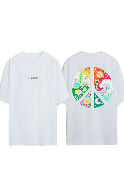 urbvn Μπλουζάκι Peace 4 Design με στάμπα σε λευκό χρώμα και oversized γραμμή