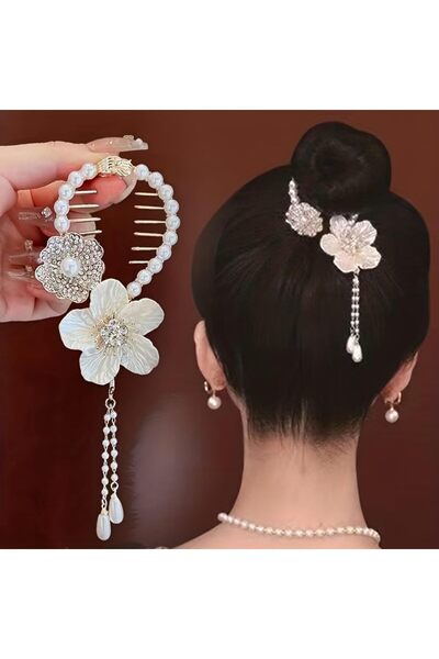 on2on Bijuteri White Flower Pearl Bun Hairpin