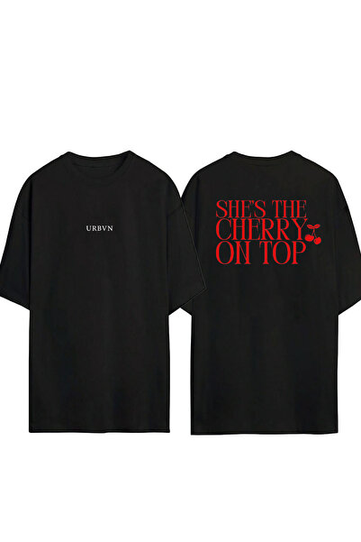 urbvn تي شيرت تشيري أون ديزاين مطبوع أسود قصة فضفاضة