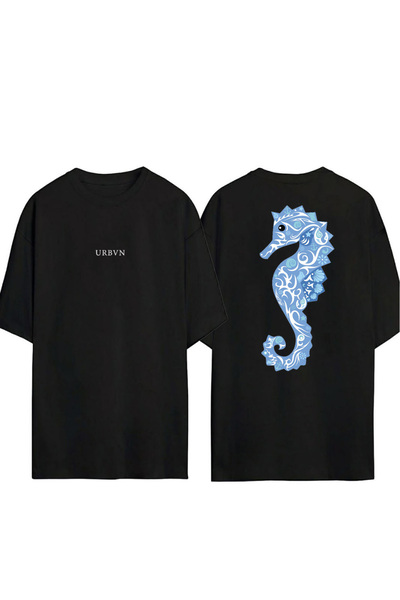 urbvn تي شيرت بتصميم الحصان البحري مطبوع أسود قصة فضفاضة