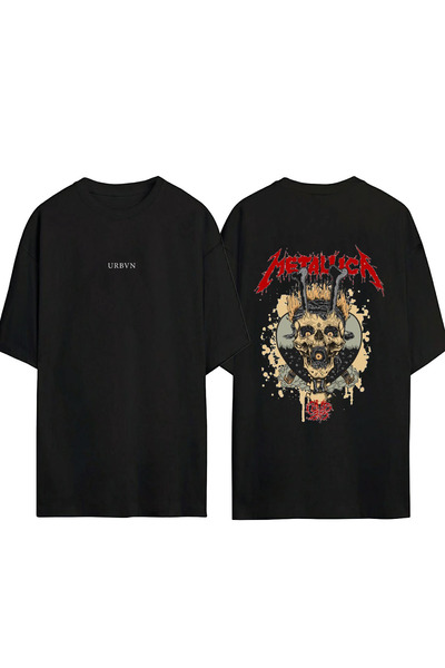 urbvn تي شيرت ميتاليكا سكل ديزاين مطبوع أسود قصة فضفاضة
